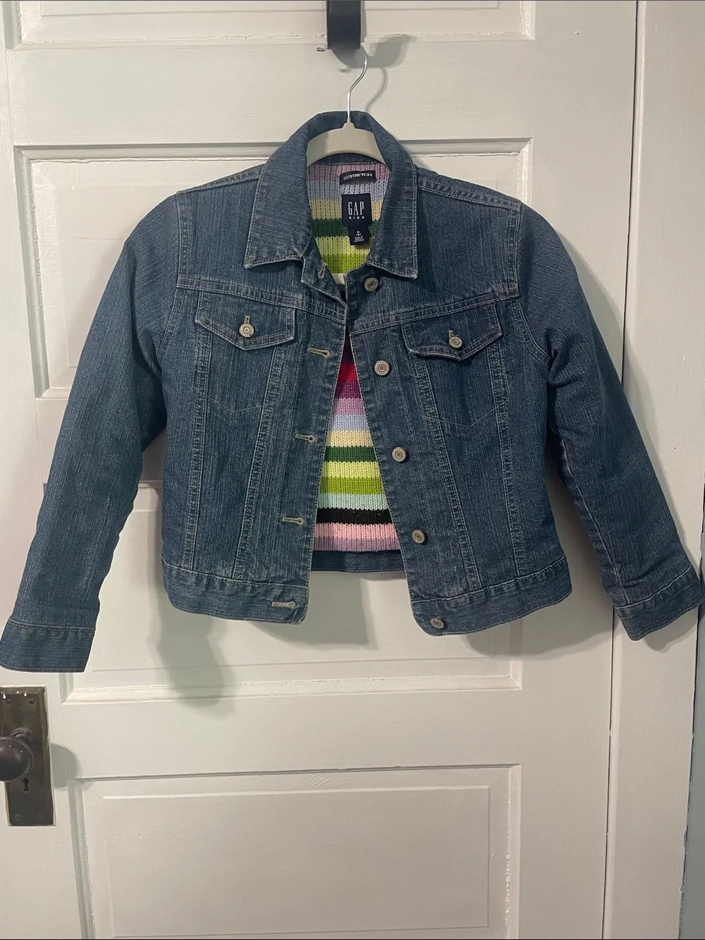 GAP Kids Medium Blue Denim Jacket with Multicolor Striped Liner